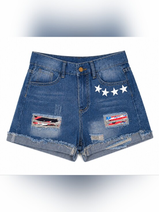 No Name Pants - Women's Denim Shorts Star-Embellished Blue Distressed Women's High Rise Small